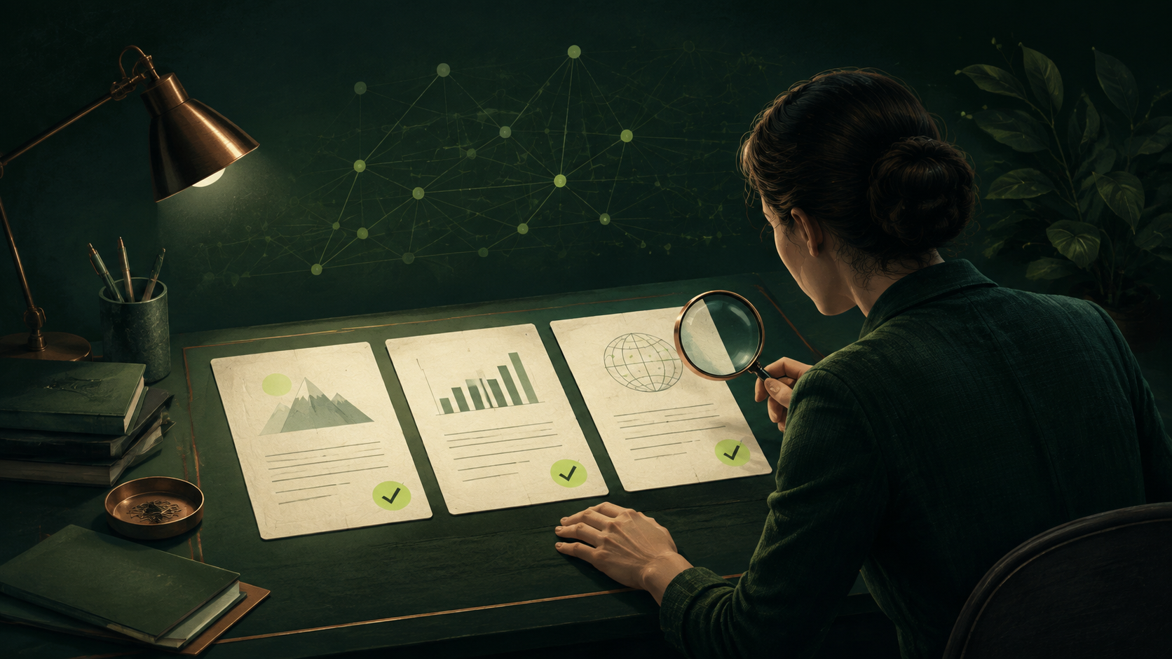 Иллюстрация AI-редакции: редактор сверяет несколько документов и проверяет утверждения